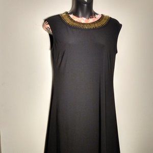 Ladies size small, black, sleeveless knee length dress with gold neckline.